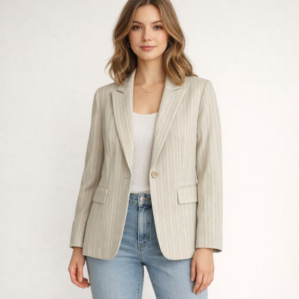 Tahari ASL Petites‎ 10 10P Cream Vertical Striped Single Button Blazer Jacket